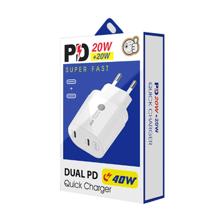 40W Dual Port PD / Type-C Fast Charger with Type-C to 8 Pin Data Cable, EU Plug, EU Plug + Type-C to 8 Pin Cable